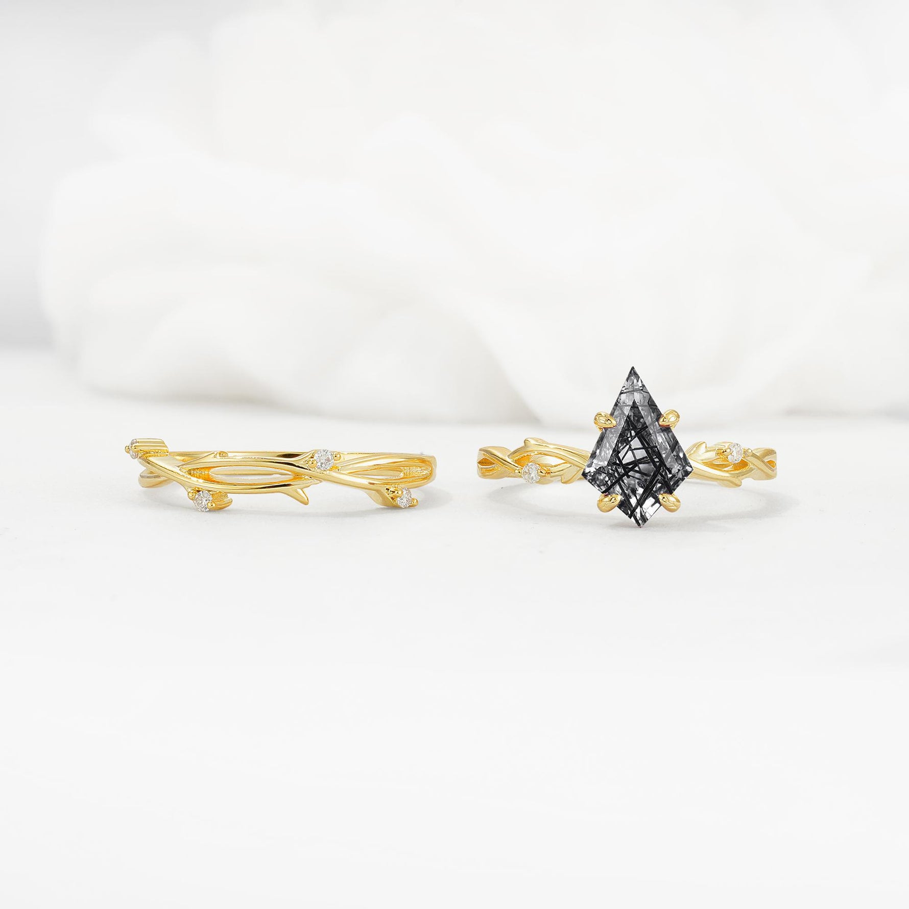 Nature-Inspired Kite Cut Black Rutilated Quartz Engagement Ring Set with Vine Accents - White-Gold