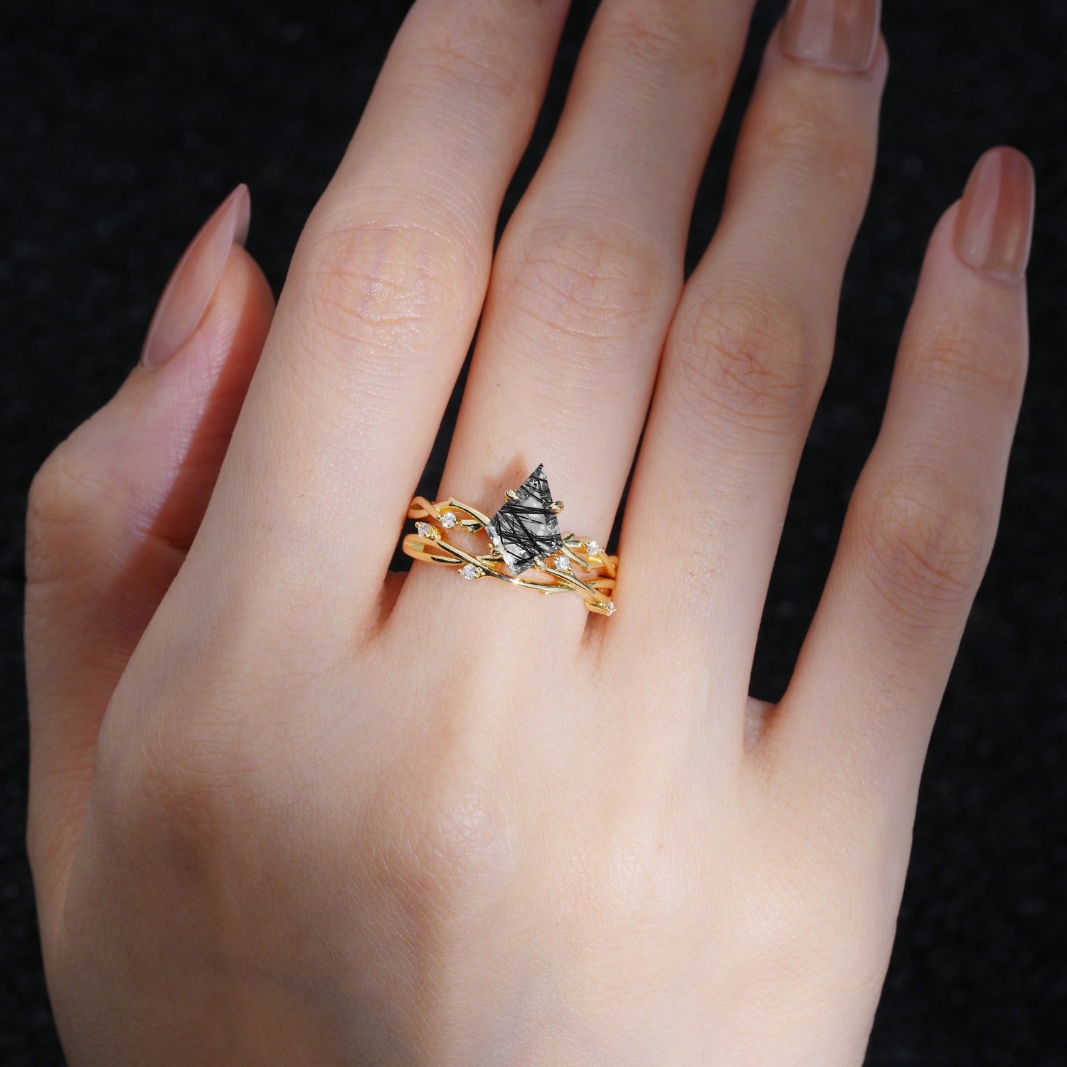 Nature-Inspired Kite Cut Black Rutilated Quartz Engagement Ring Set with Vine Accents