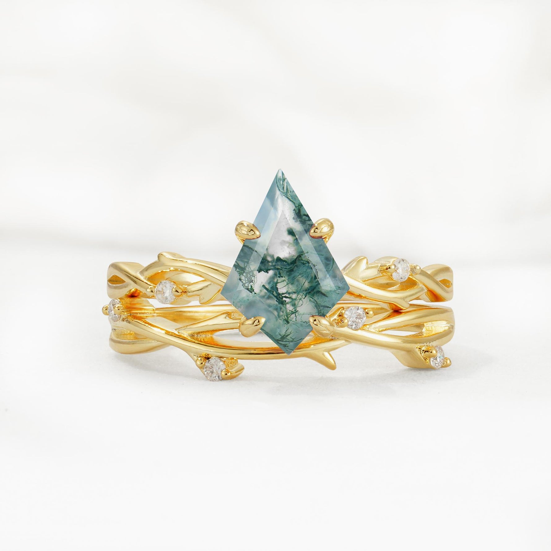 Nature-Inspired Kite Cut Moss Agate Engagement Ring Set with Vine Accents - Yellow-Gold