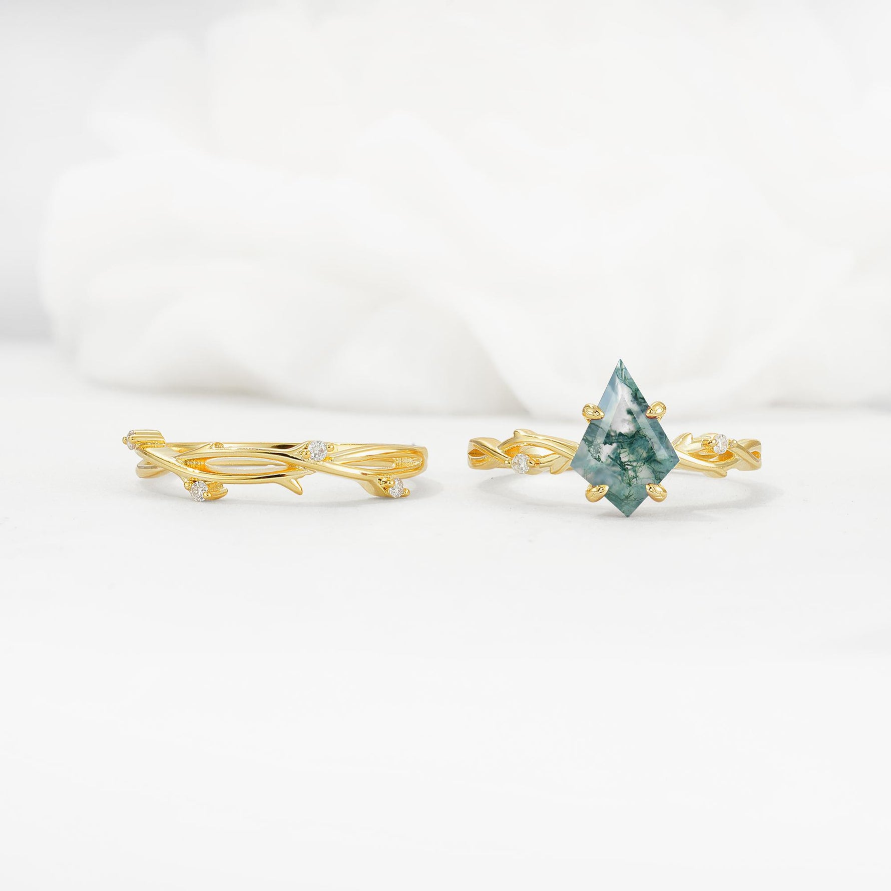 Nature-Inspired Kite Cut Moss Agate Engagement Ring Set with Vine Accents - White-Gold