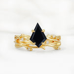Nature-Inspired Kite Cut Black Onyx Engagement Ring Set with Vine Accents - Yellow-Gold