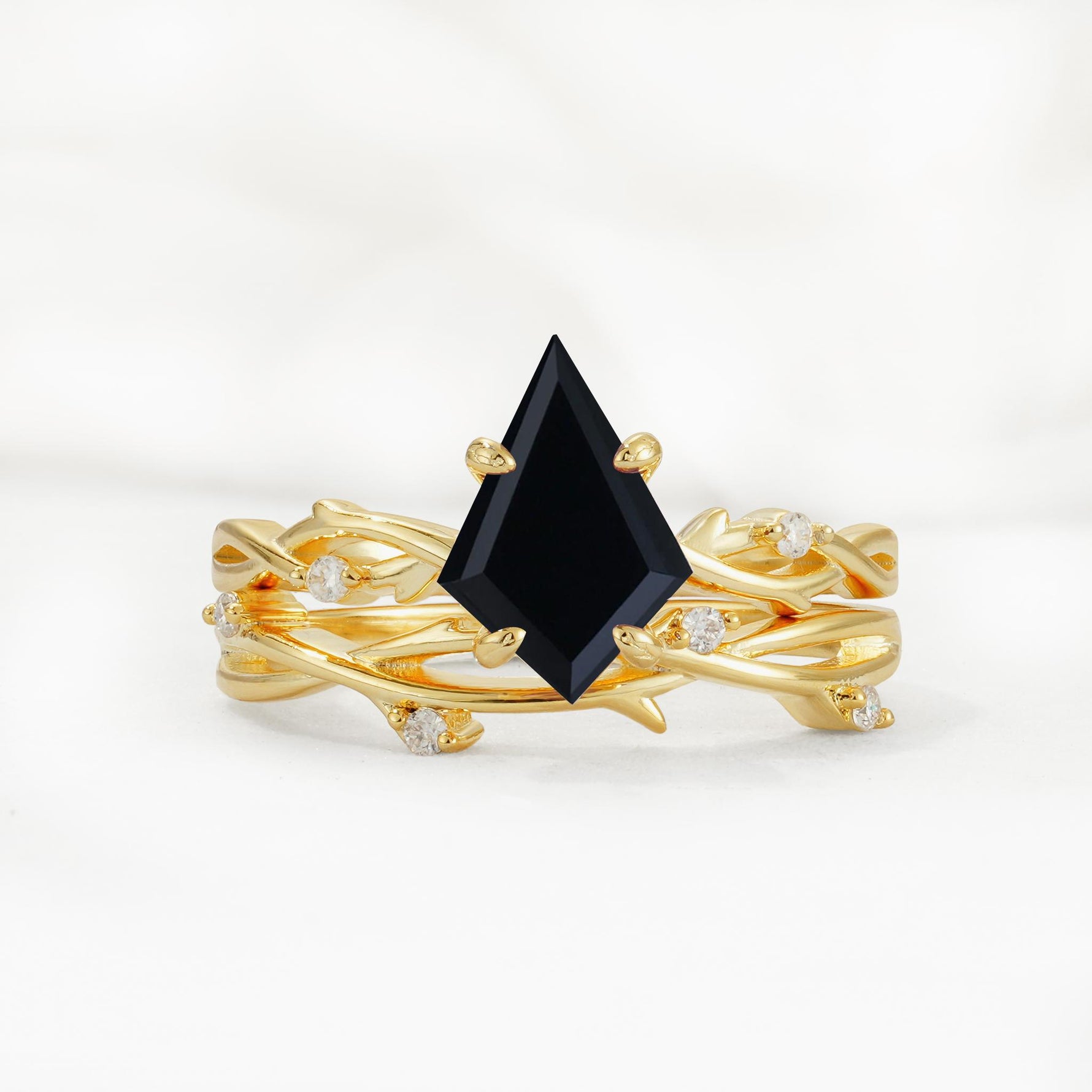 Nature-Inspired Kite Cut Black Onyx Engagement Ring Set with Vine Accents - Yellow-Gold