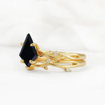 Nature-Inspired Kite Cut Black Onyx Engagement Ring Set with Vine Accents - Rose-Gold