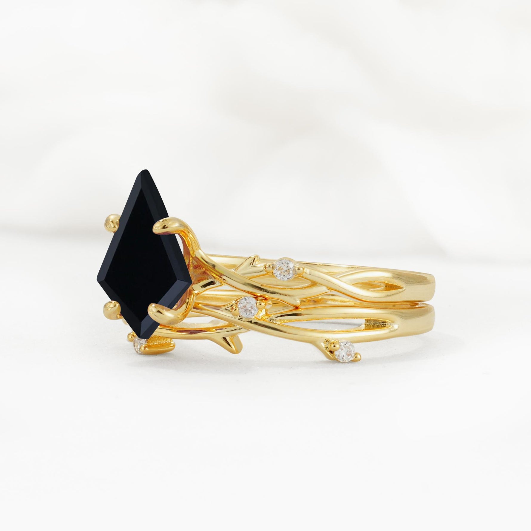 Nature-Inspired Kite Cut Black Onyx Engagement Ring Set with Vine Accents - Rose-Gold