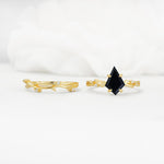 Nature-Inspired Kite Cut Black Onyx Engagement Ring Set with Vine Accents - White-Gold