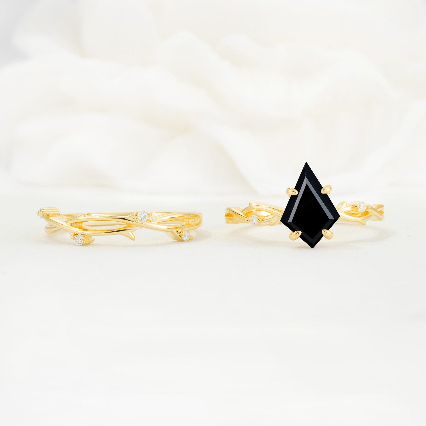 Nature-Inspired Kite Cut Black Onyx Engagement Ring Set with Vine Accents - Additional view