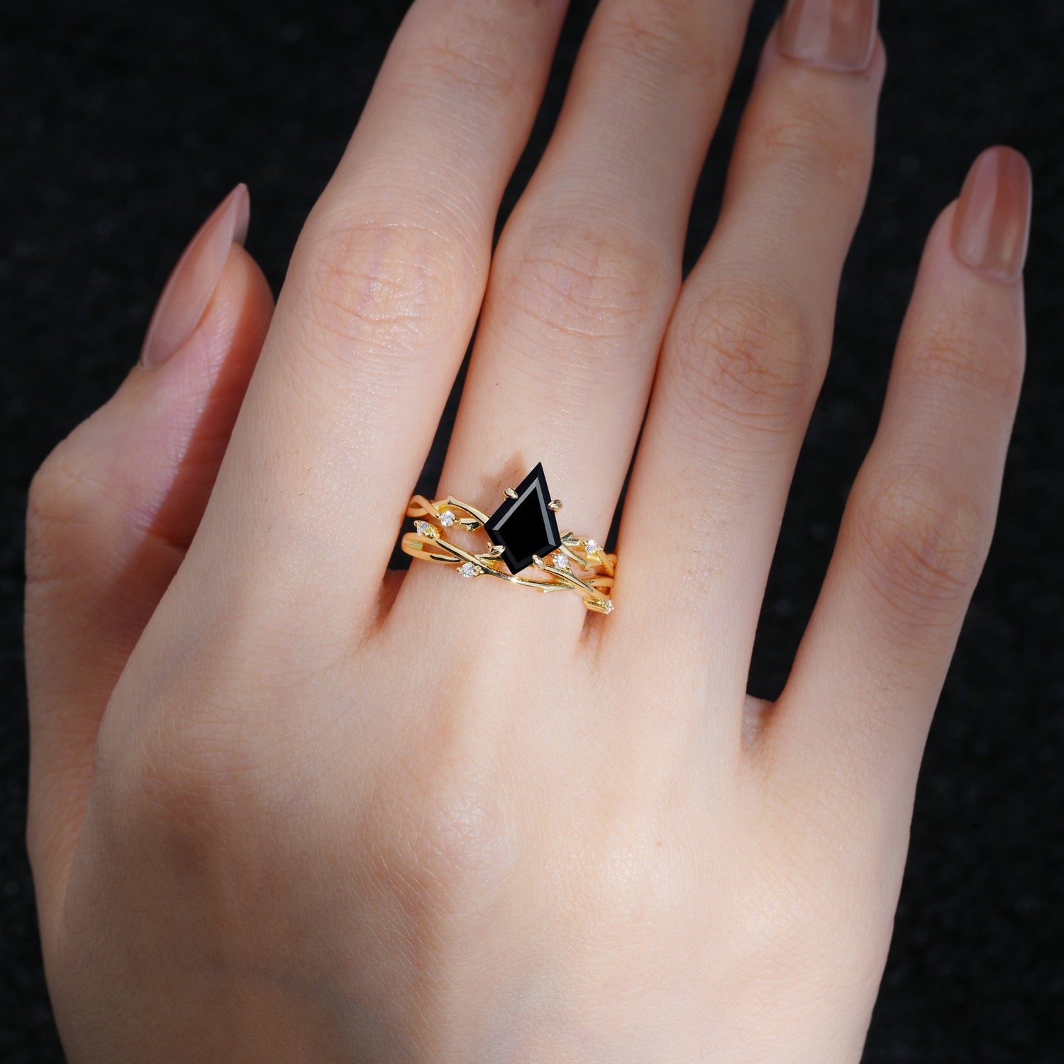 Nature-Inspired Kite Cut Black Onyx Engagement Ring Set with Vine Accents