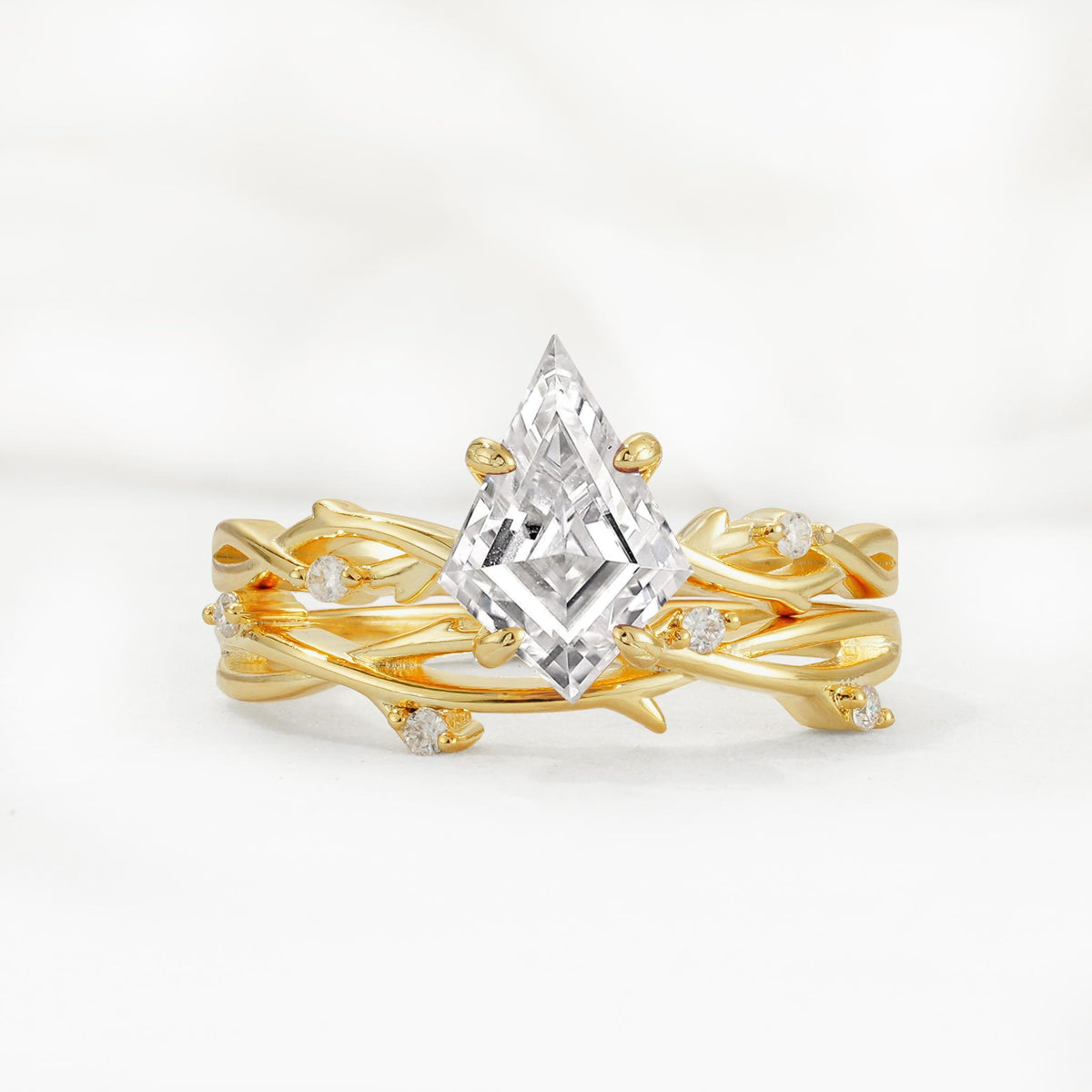 Nature-Inspired Kite Cut Lab Diamond Engagement Ring Set with Vine Accents - Yellow-Gold