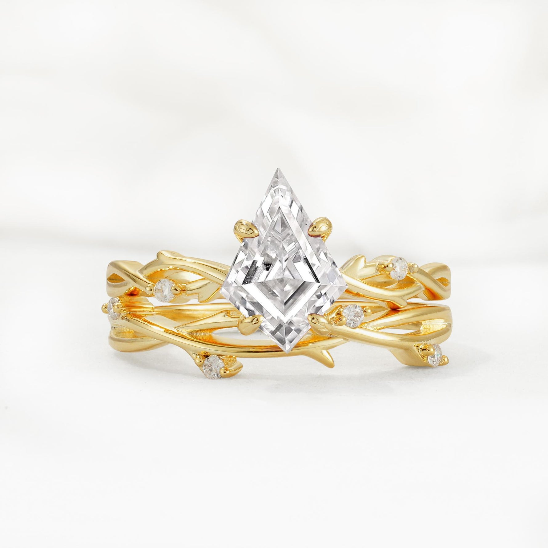 Nature-Inspired Kite Cut Lab Diamond Engagement Ring Set with Vine Accents - Yellow-Gold