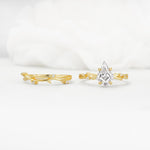 Nature-Inspired Kite Cut Lab Diamond Engagement Ring Set with Vine Accents - White-Gold