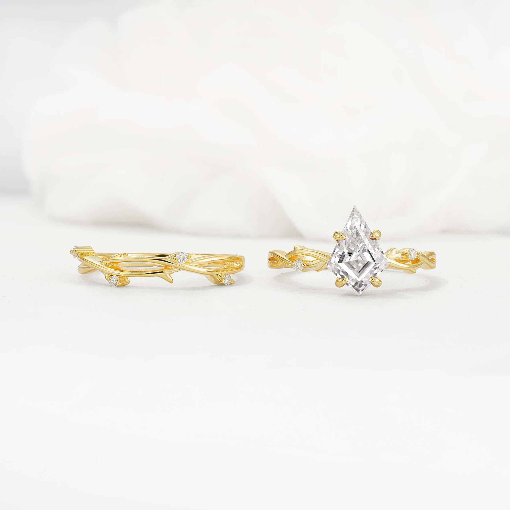 Nature-Inspired Kite Cut Lab Diamond Engagement Ring Set with Vine Accents - White-Gold