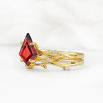 Nature-Inspired Kite Cut Garnet Engagement Ring Set with Vine Accents - Rose-Gold