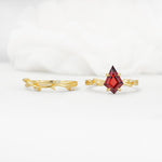 Nature-Inspired Kite Cut Garnet Engagement Ring Set with Vine Accents - White-Gold