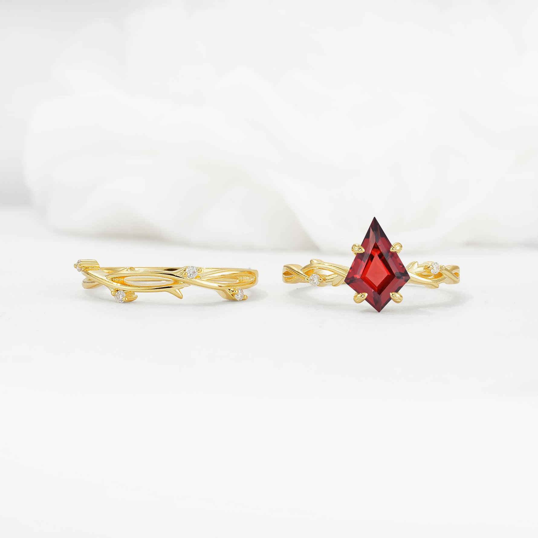 Nature-Inspired Kite Cut Garnet Engagement Ring Set with Vine Accents - White-Gold