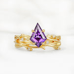 Nature-Inspired Kite Cut Amethyst Engagement Ring Set with Vine Accents - Yellow-Gold