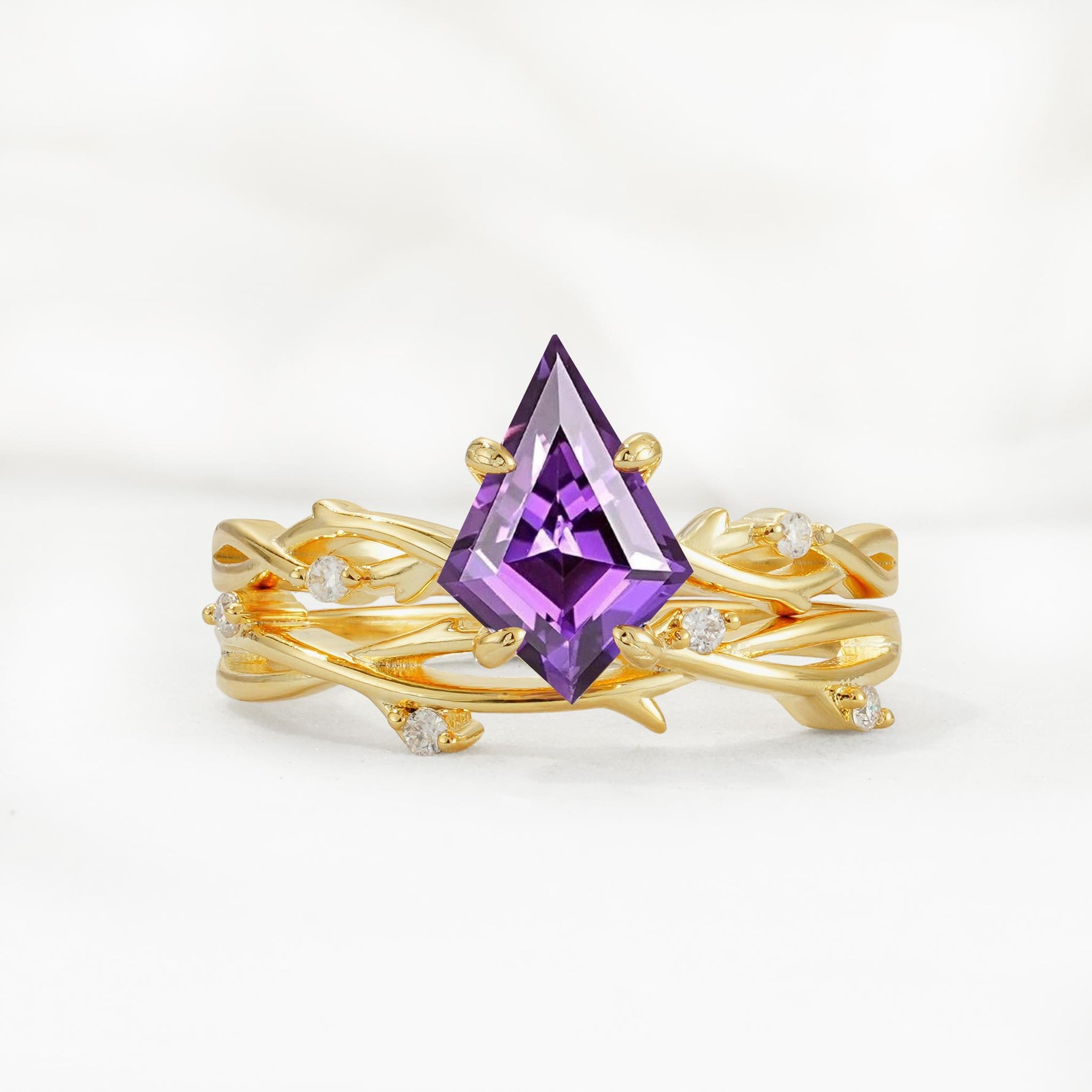 Nature-Inspired Kite Cut Amethyst Engagement Ring Set with Vine Accents - Yellow-Gold