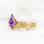 Nature-Inspired Kite Cut Amethyst Engagement Ring Set with Vine Accents - Rose-Gold