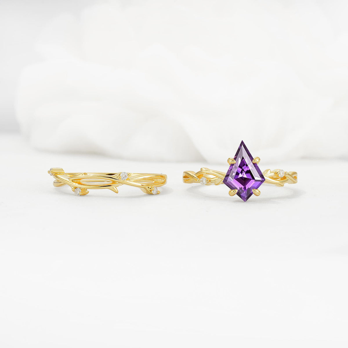 Nature-Inspired Kite Cut Amethyst Engagement Ring Set with Vine Accents - White-Gold
