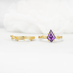 Nature-Inspired Kite Cut Amethyst Engagement Ring Set with Vine Accents - White-Gold