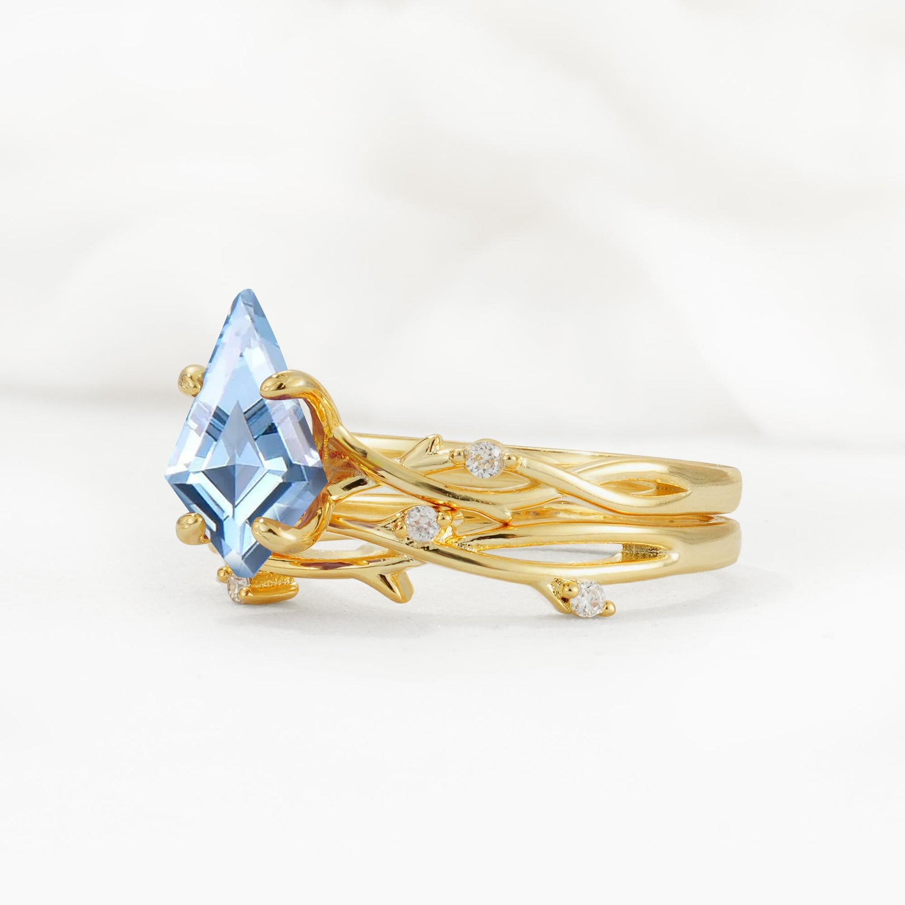 Nature-Inspired Kite Cut Aquamarine Engagement Ring Set with Vine Accents - Rose-Gold