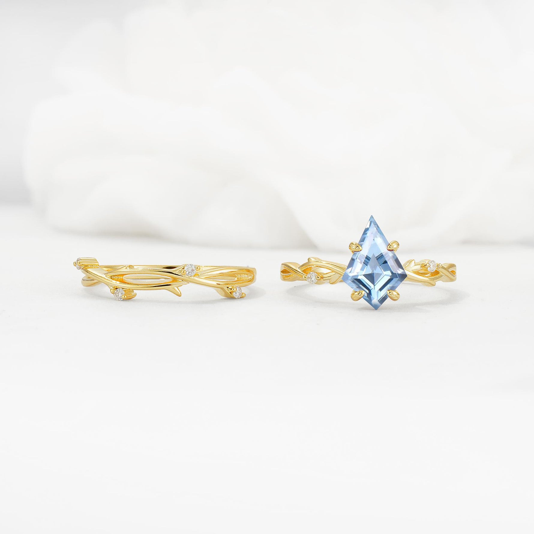 Nature-Inspired Kite Cut Aquamarine Engagement Ring Set with Vine Accents - White-Gold