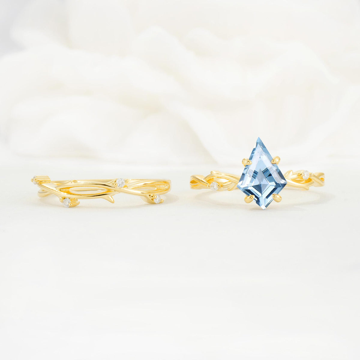 Nature-Inspired Kite Cut Aquamarine Engagement Ring Set with Vine Accents - Additional view