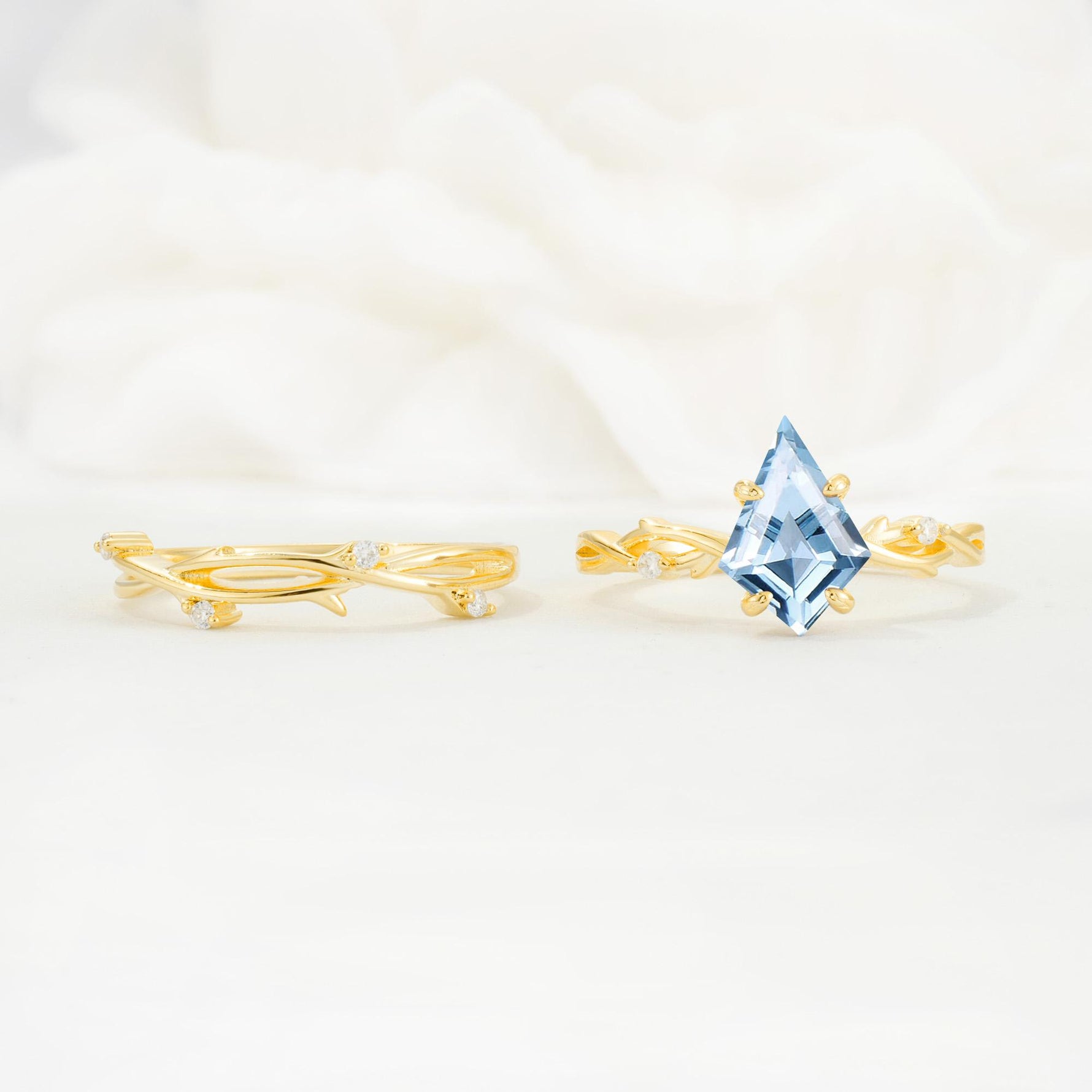 Nature-Inspired Kite Cut Aquamarine Engagement Ring Set with Vine Accents - Additional view