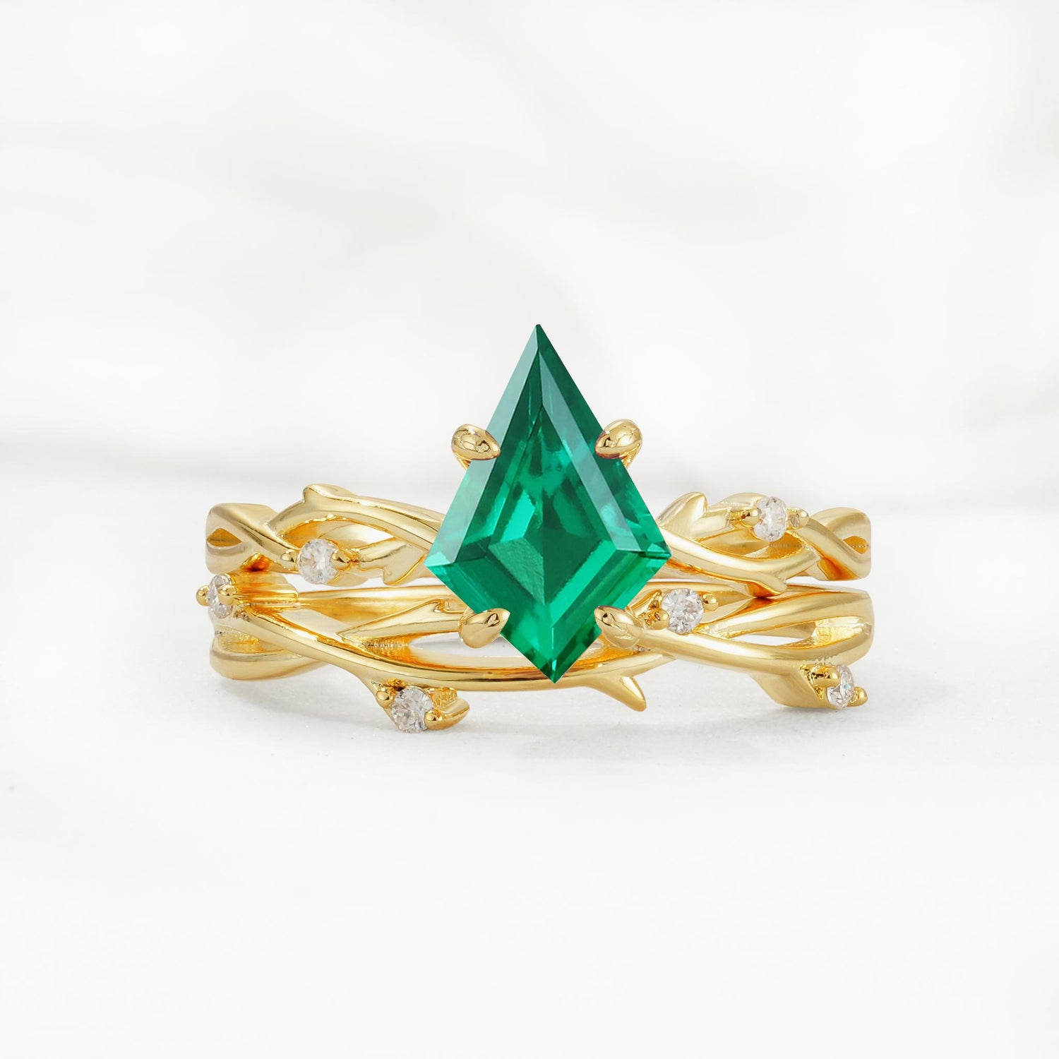 Nature-Inspired Kite Cut Emerald Engagement Ring Set with Vine Accents - Yellow-Gold
