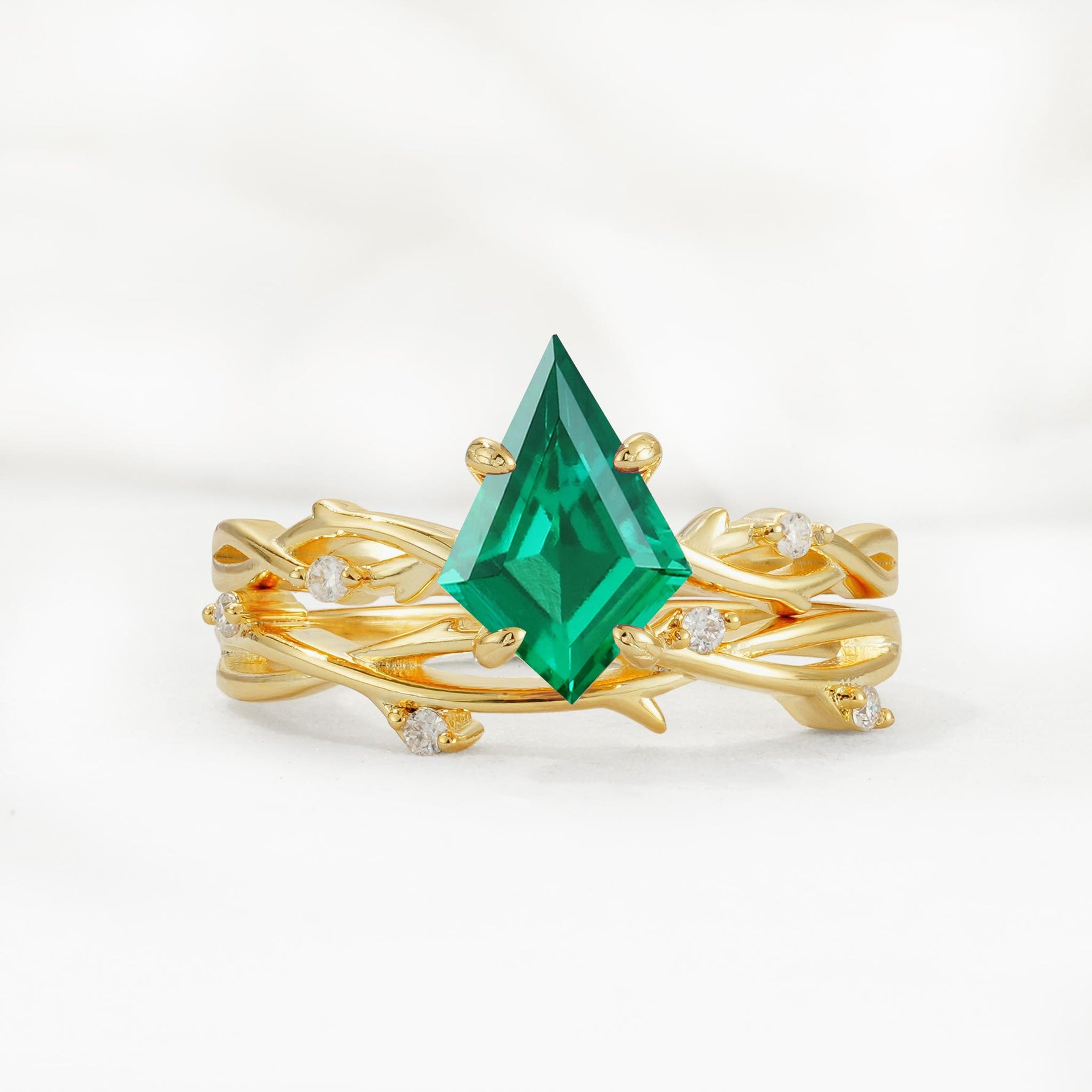 Nature-Inspired Kite Cut Emerald Engagement Ring Set with Vine Accents - Yellow-Gold