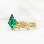 Nature-Inspired Kite Cut Emerald Engagement Ring Set with Vine Accents - Rose-Gold