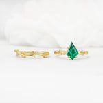 Nature-Inspired Kite Cut Emerald Engagement Ring Set with Vine Accents - White-Gold