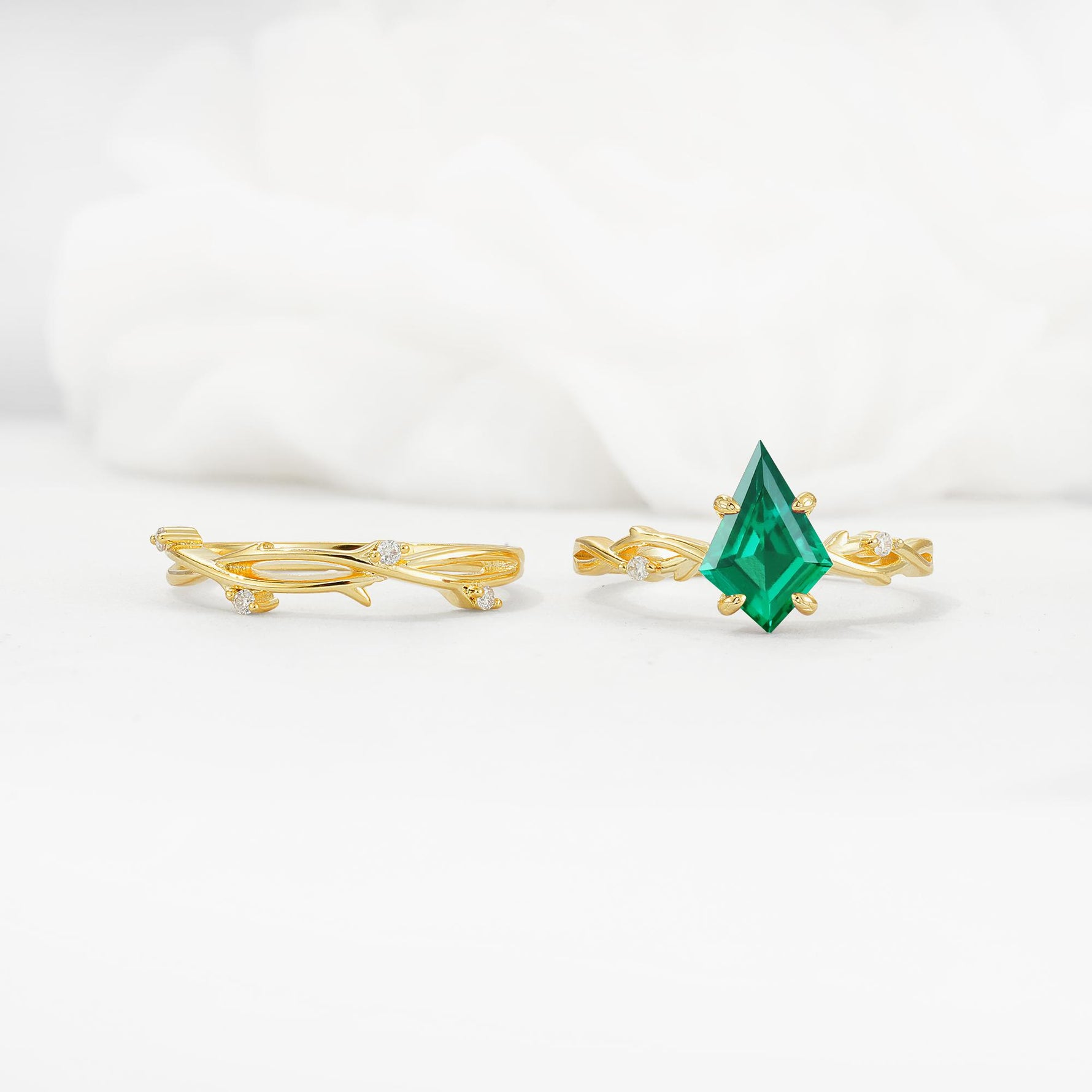 Nature-Inspired Kite Cut Emerald Engagement Ring Set with Vine Accents - White-Gold