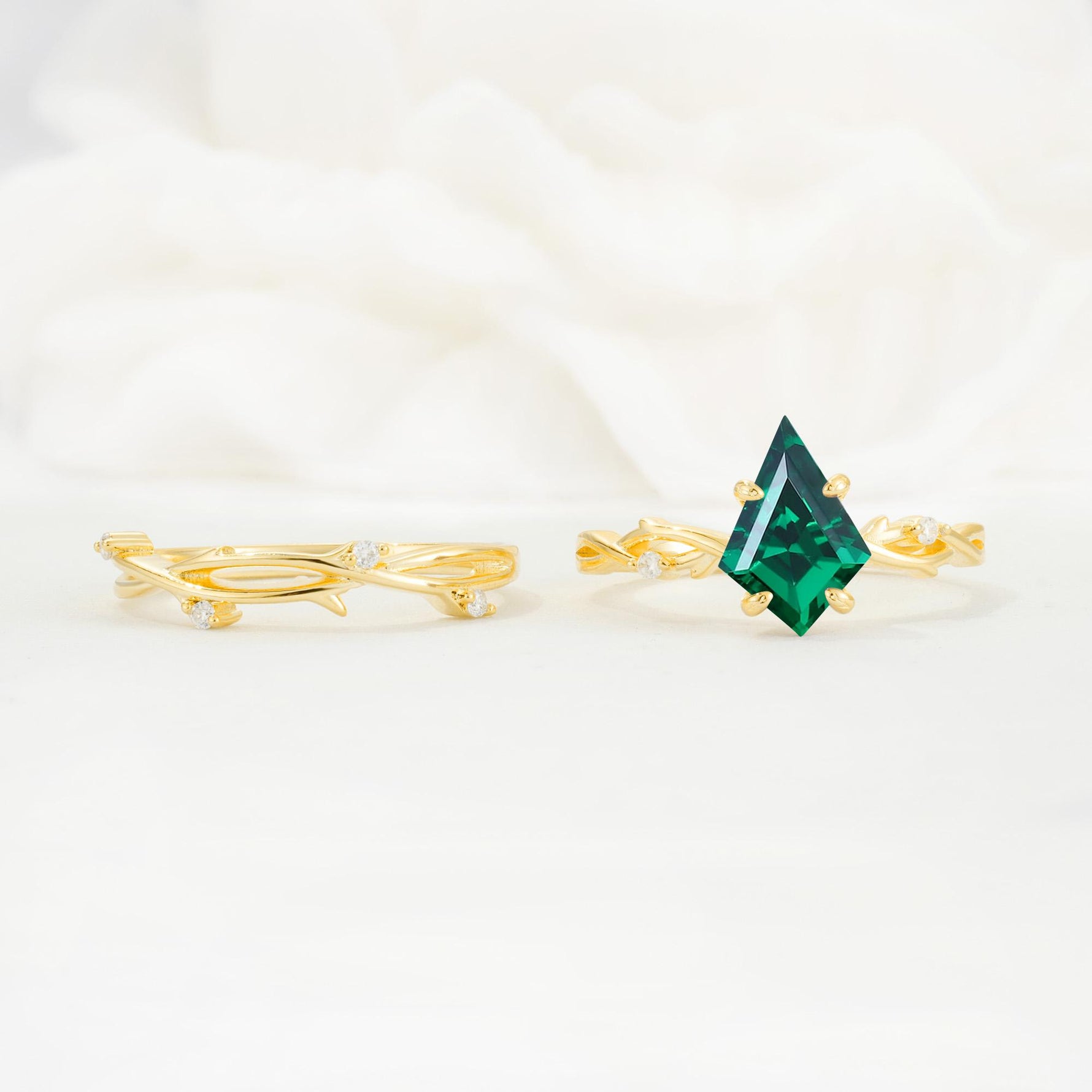 Nature-Inspired Kite Cut Emerald Engagement Ring Set with Vine Accents - Additional view