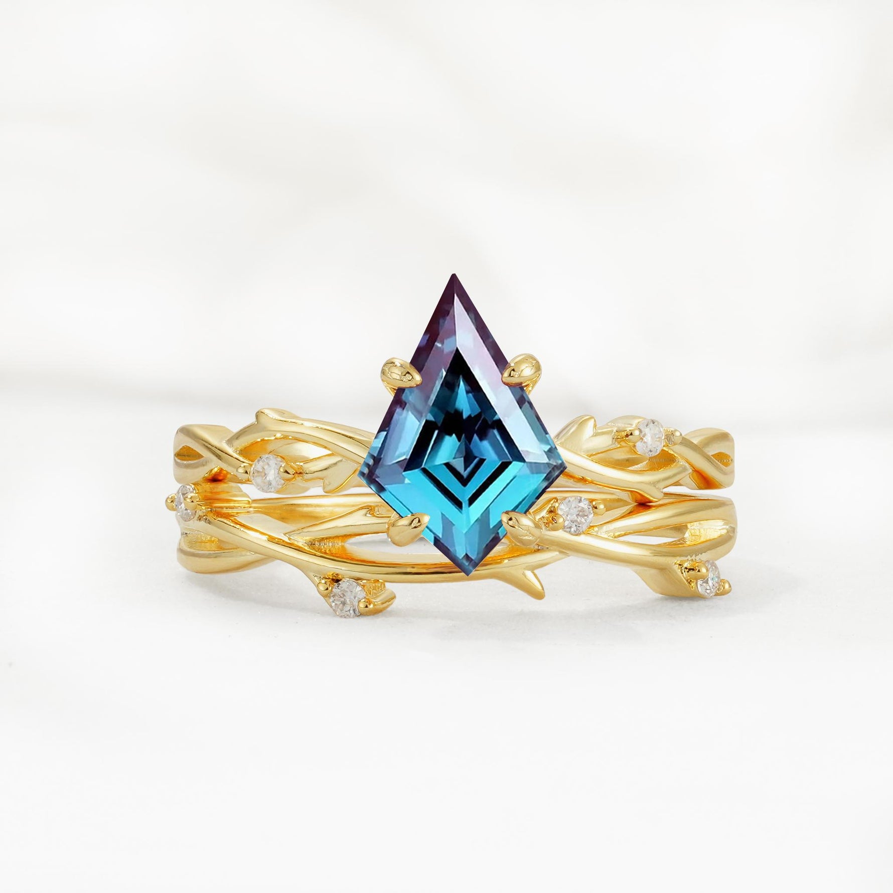 Nature-Inspired Kite Cut Alexandrite Engagement Ring Set with Vine Accents - Yellow-Gold