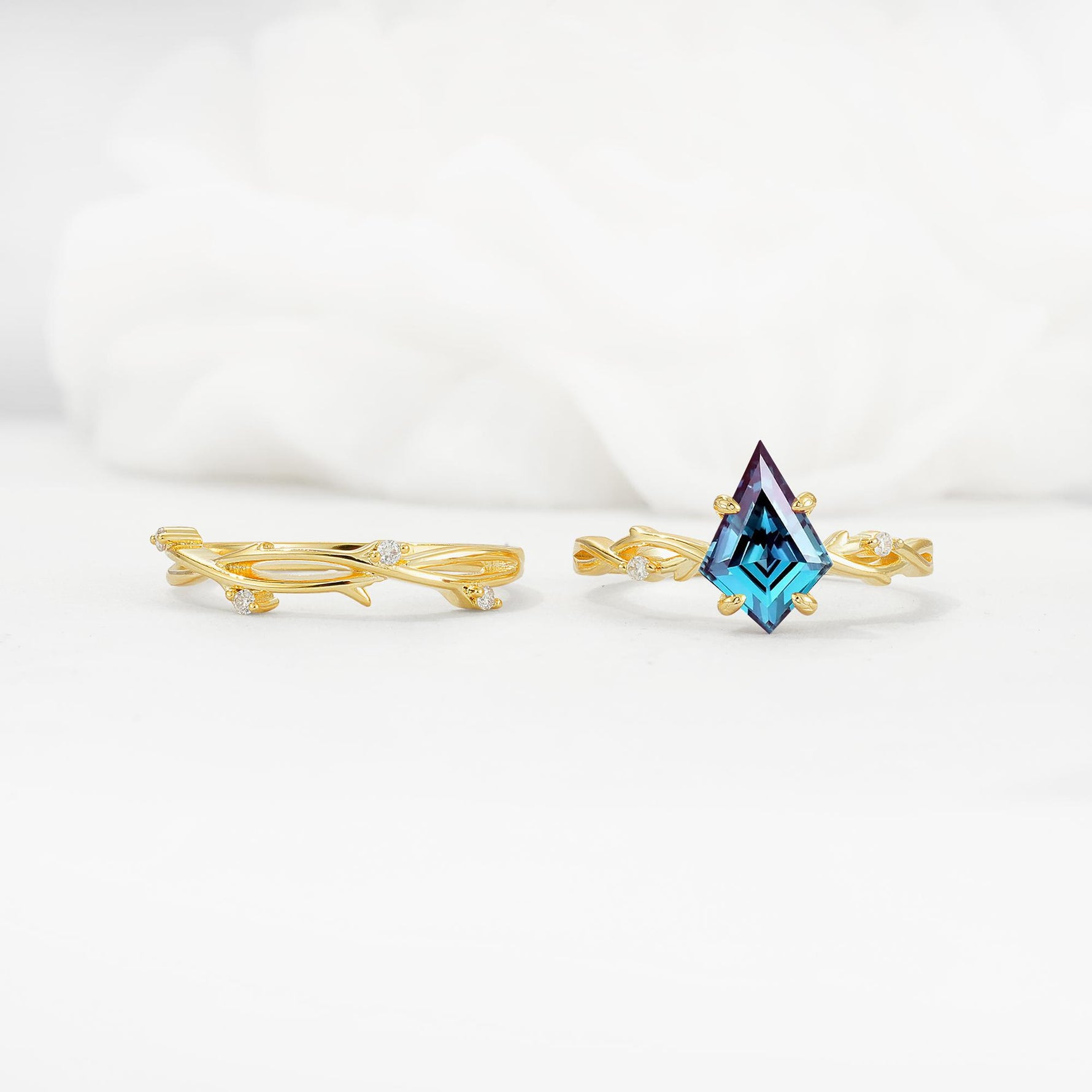 Nature-Inspired Kite Cut Alexandrite Engagement Ring Set with Vine Accents - White-Gold