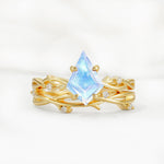 Nature-Inspired Kite Cut Moonstone Engagement Ring Set with Vine Accents - Yellow-Gold