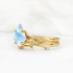 Nature-Inspired Kite Cut Moonstone Engagement Ring Set with Vine Accents - Rose-Gold