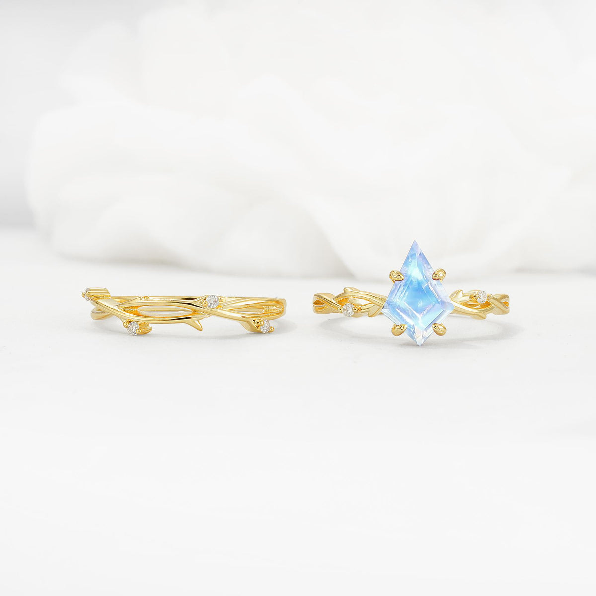 Nature-Inspired Kite Cut Moonstone Engagement Ring Set with Vine Accents - White-Gold