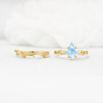 Nature-Inspired Kite Cut Moonstone Engagement Ring Set with Vine Accents - White-Gold