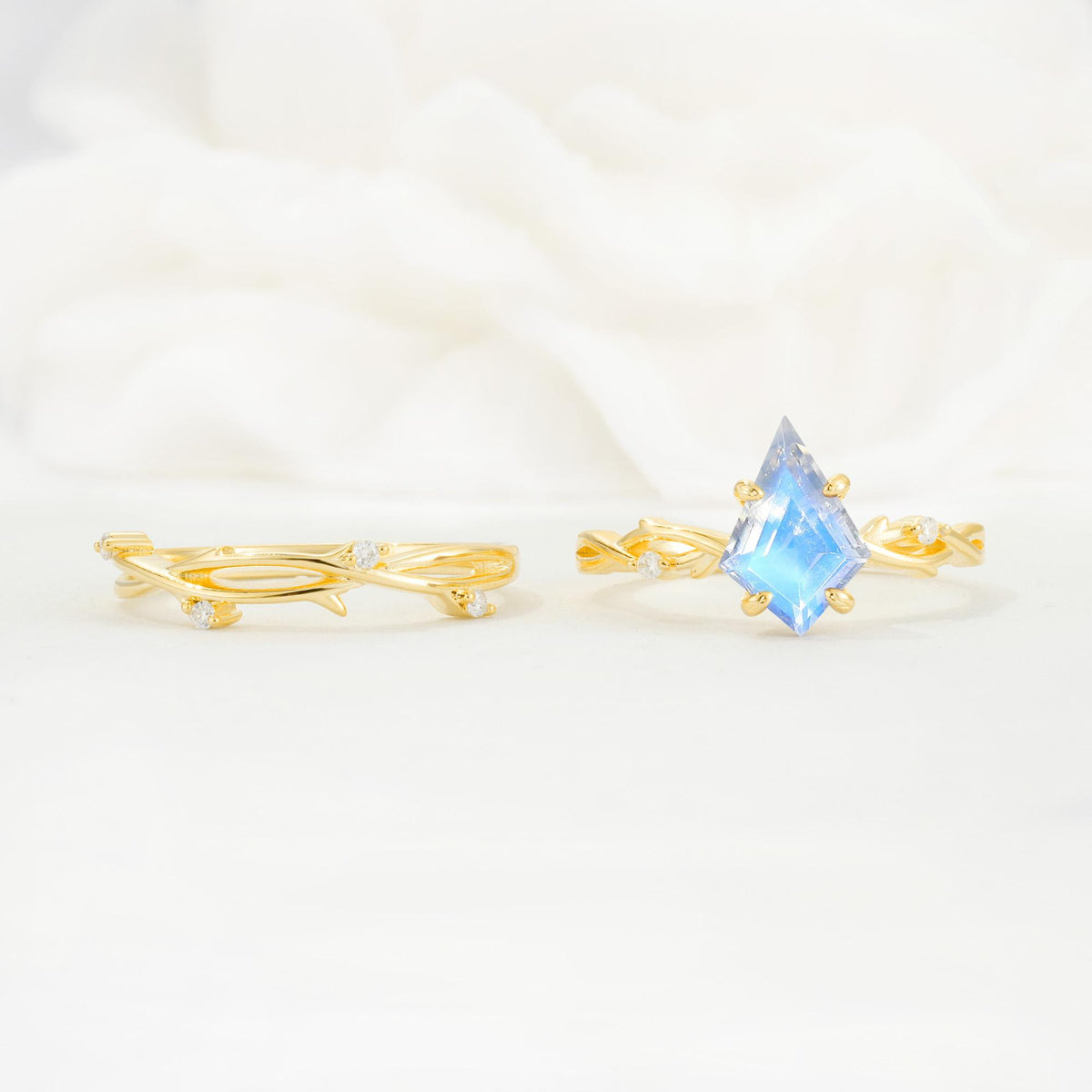 Nature-Inspired Kite Cut Moonstone Engagement Ring Set with Vine Accents - Additional view
