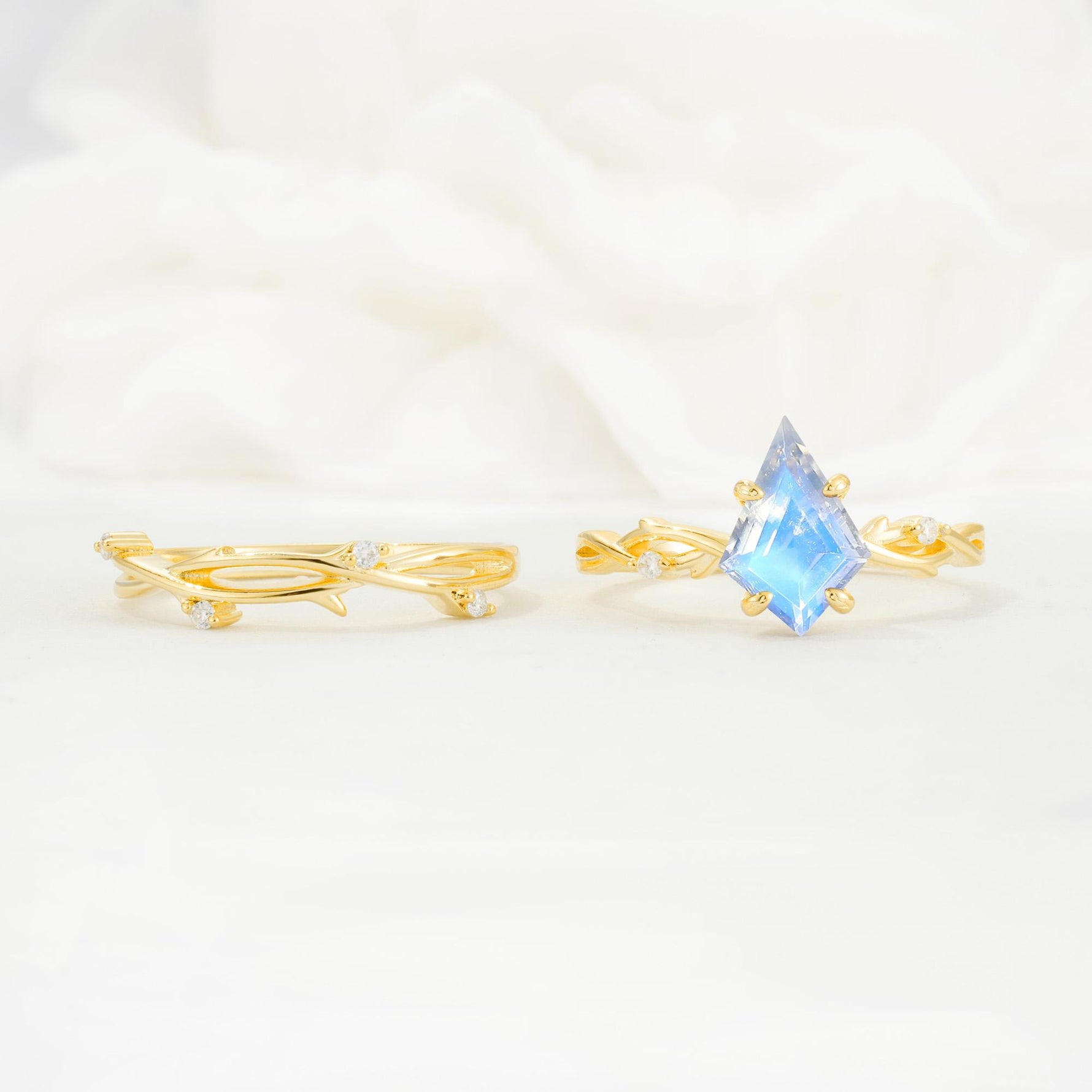 Nature-Inspired Kite Cut Moonstone Engagement Ring Set with Vine Accents - Additional view