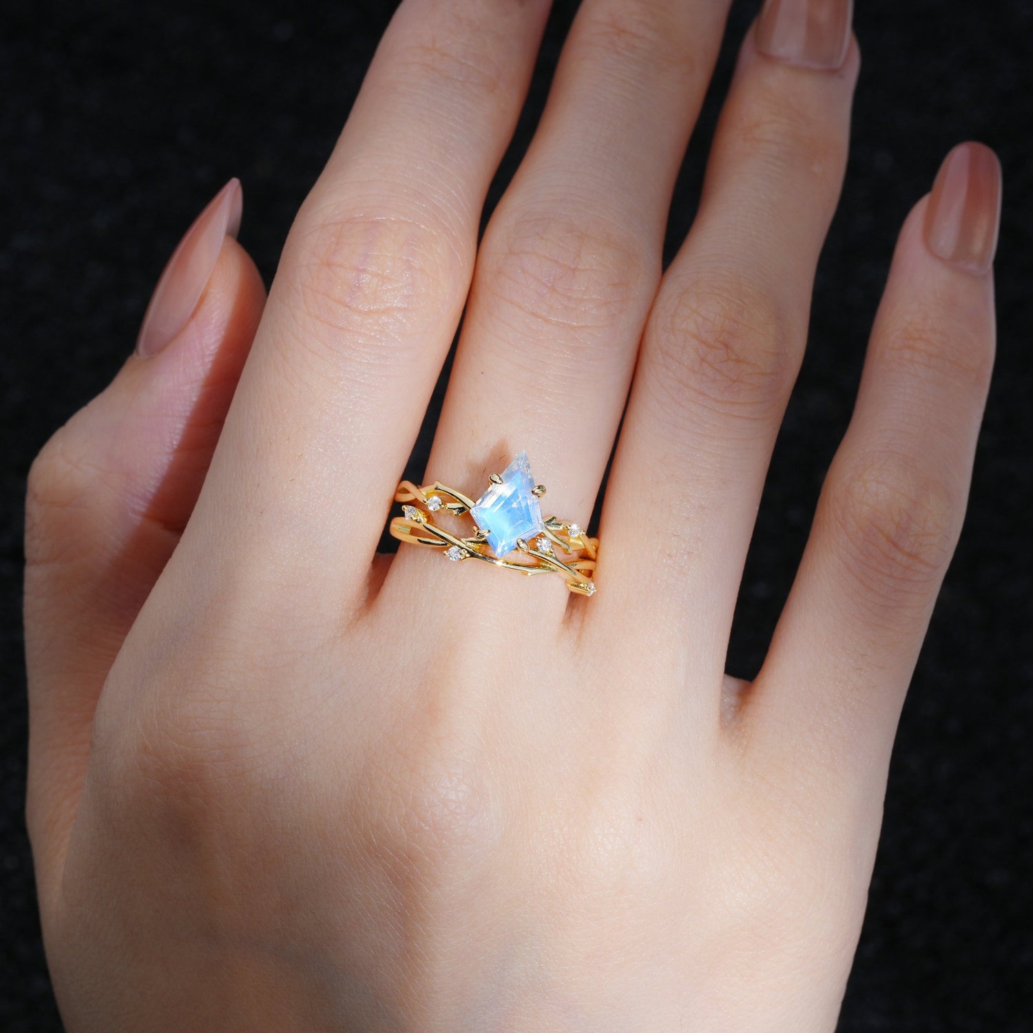 Nature-Inspired Kite Cut Moonstone Engagement Ring Set with Vine Accents