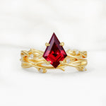 Nature-Inspired Kite Cut Ruby Engagement Ring Set with Vine Accents - Yellow-Gold