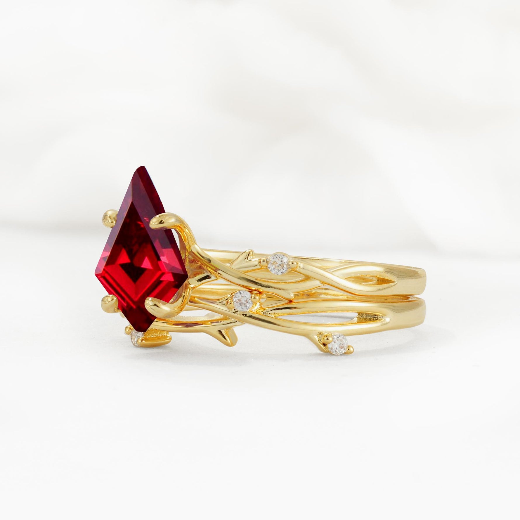 Nature-Inspired Kite Cut Ruby Engagement Ring Set with Vine Accents - Rose-Gold