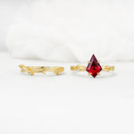 Nature-Inspired Kite Cut Ruby Engagement Ring Set with Vine Accents - White-Gold