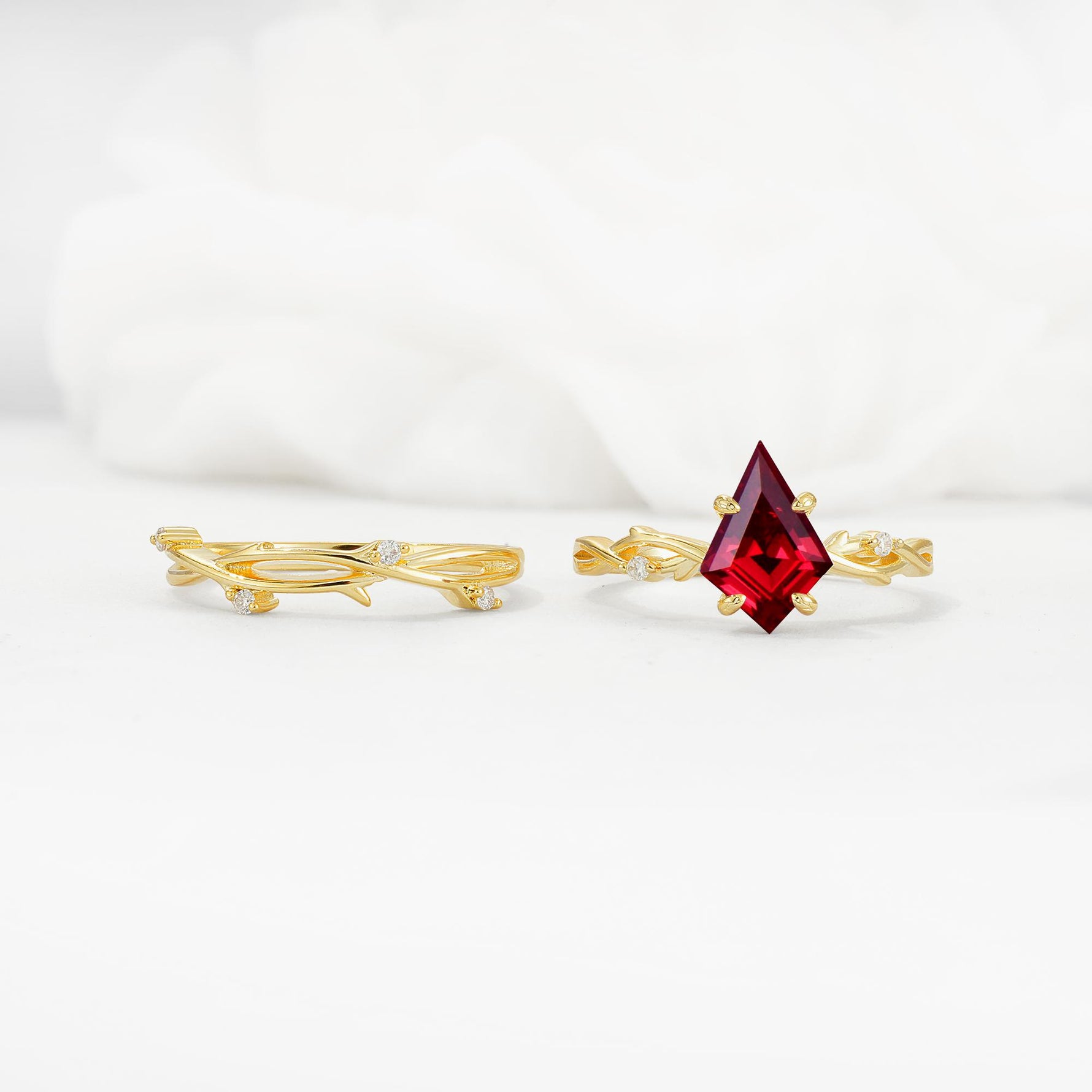 Nature-Inspired Kite Cut Ruby Engagement Ring Set with Vine Accents - White-Gold