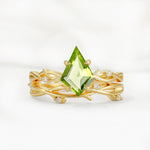 Nature-Inspired Kite Cut Peridot Engagement Ring Set with Vine Accents - Yellow-Gold