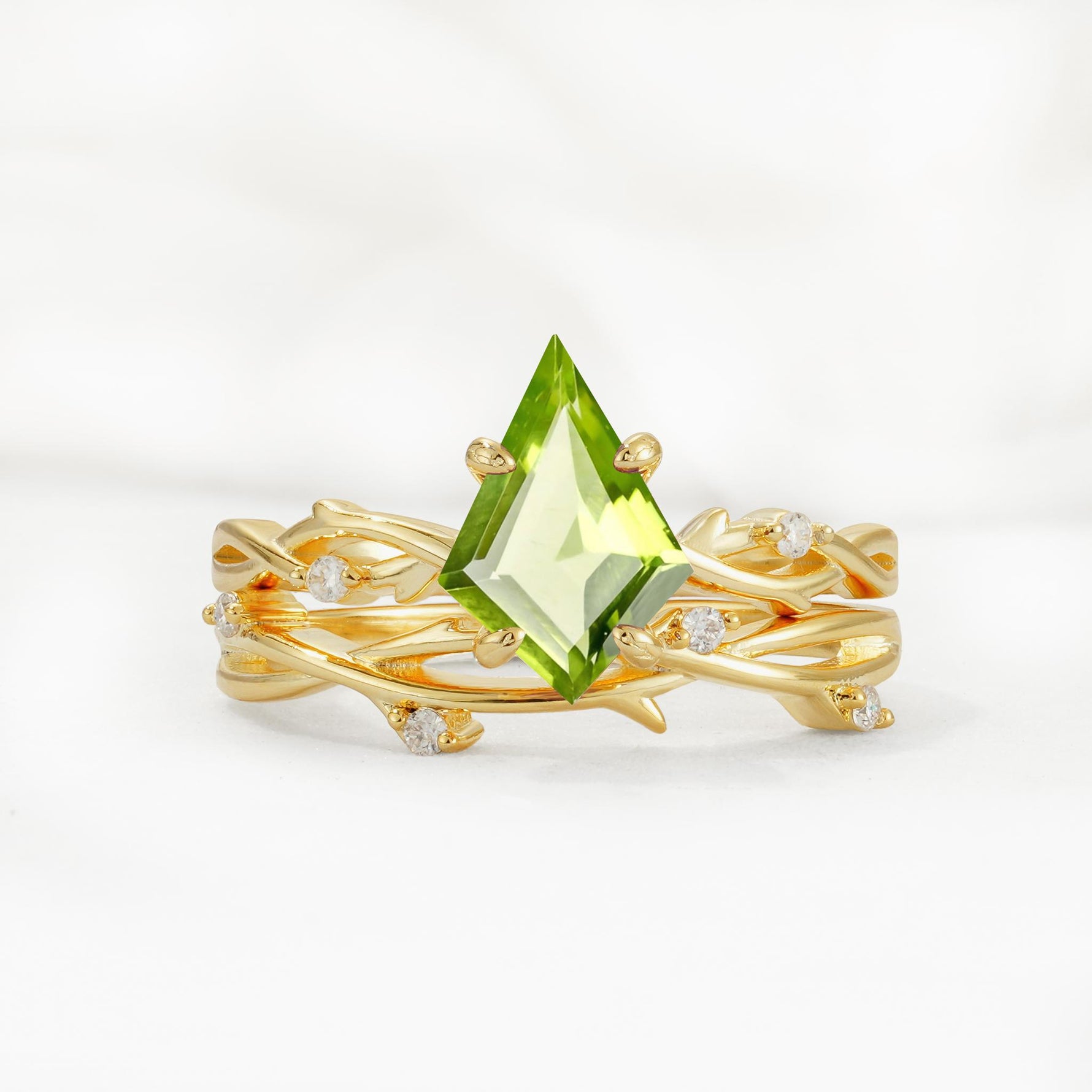 Nature-Inspired Kite Cut Peridot Engagement Ring Set with Vine Accents - Yellow-Gold