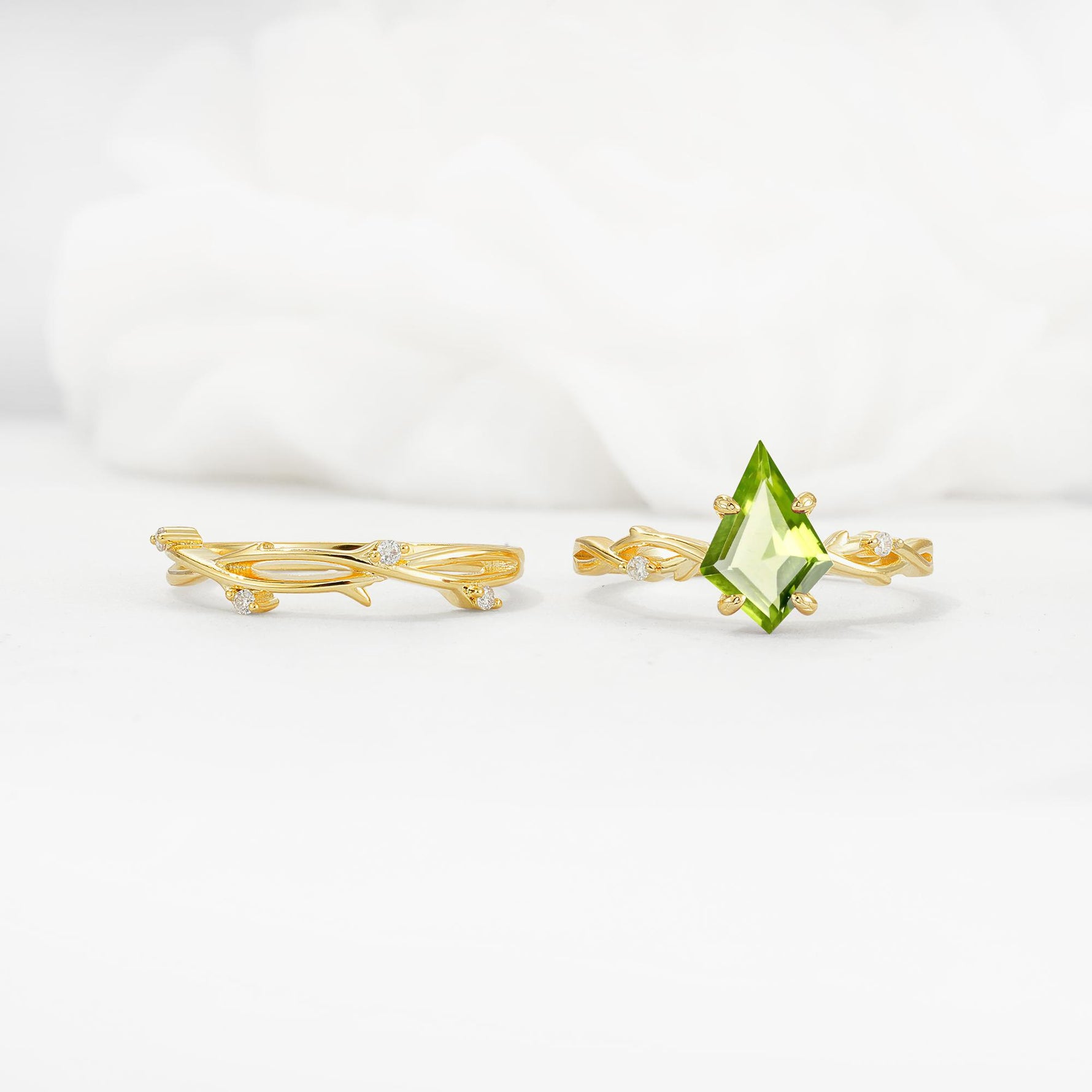Nature-Inspired Kite Cut Peridot Engagement Ring Set with Vine Accents - White-Gold