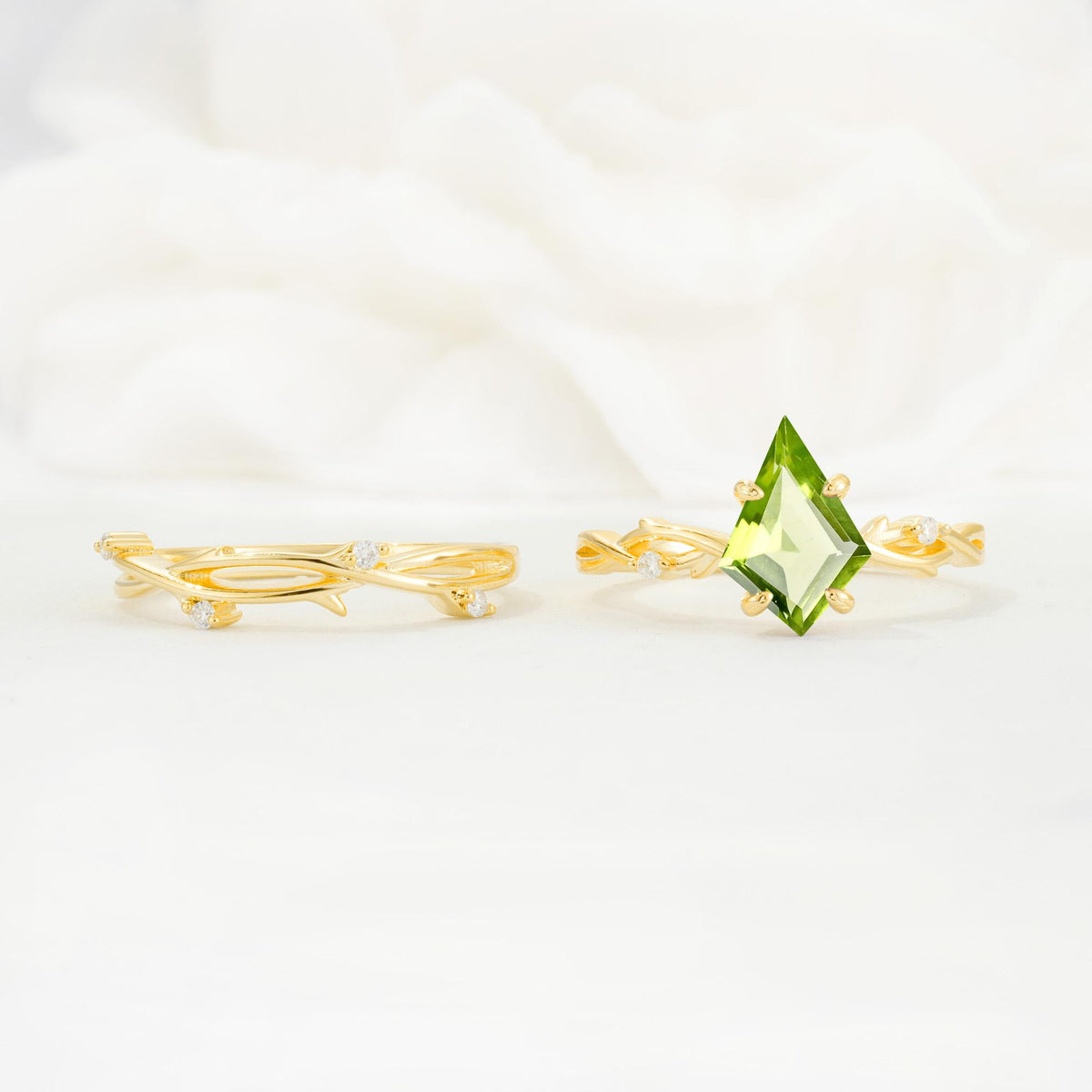 Nature-Inspired Kite Cut Peridot Engagement Ring Set with Vine Accents - Additional view